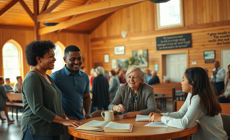 An illustration of diverse individuals forming genuine connections rooted in faith.