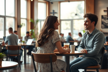 A couple engaged in a discussion over coffee, representing a Christian relationship built on faith and shared values.