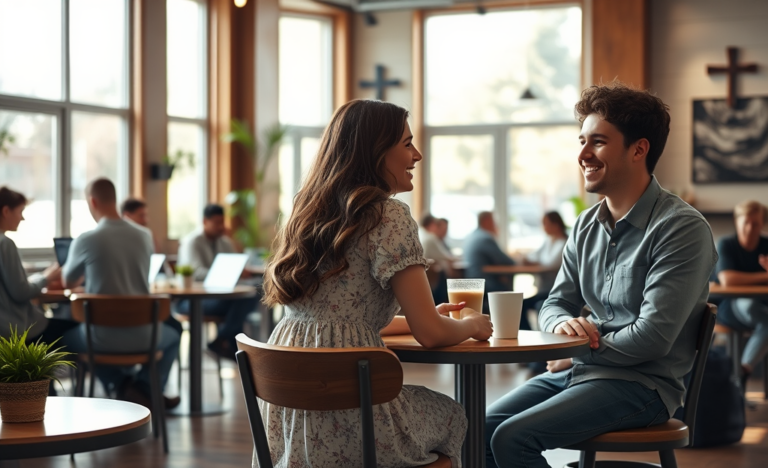 A couple engaged in a discussion over coffee, representing a Christian relationship built on faith and shared values.