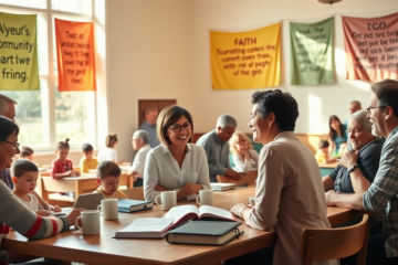 Illustration of community members engaging in fellowship and support, representing faith-based connections.