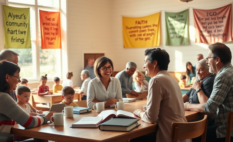 Illustration of community members engaging in fellowship and support, representing faith-based connections.