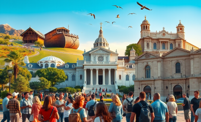 A collage of famous Christian sites including the Museum of the Bible and holy places in Israel.