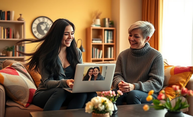A happy woman smiling while chatting online, representing single Russian women looking to connect.