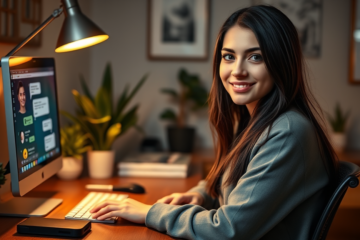 A joyful woman engaging in a private chat online, representing Russian single women seeking connections.