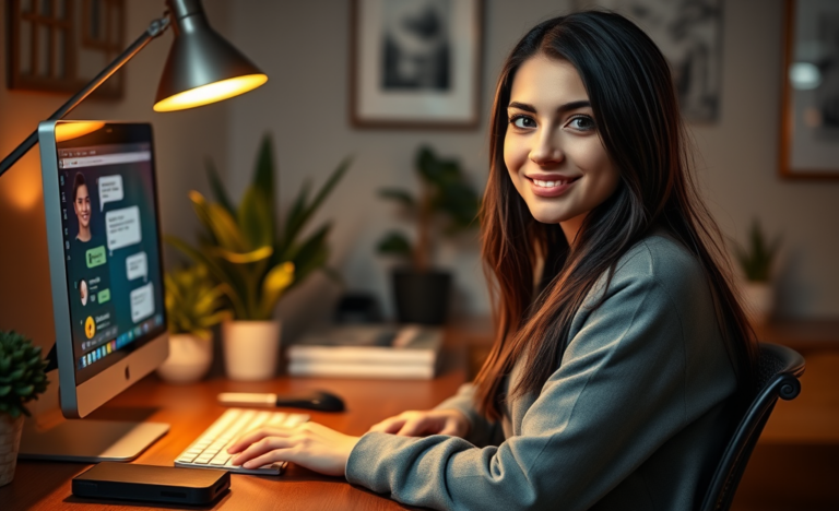A joyful woman engaging in a private chat online, representing Russian single women seeking connections.