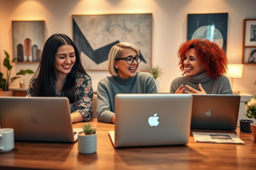 A smiling Russian woman engaging in an online chat on her laptop.