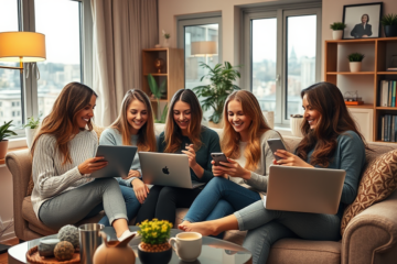 A group of single Russian women smiling and chatting online.