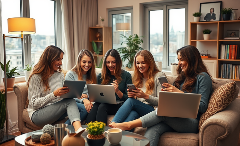 A group of single Russian women smiling and chatting online.