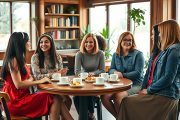 A group of diverse Russian single women engaged in conversation, representing openness to new friendships and connections.