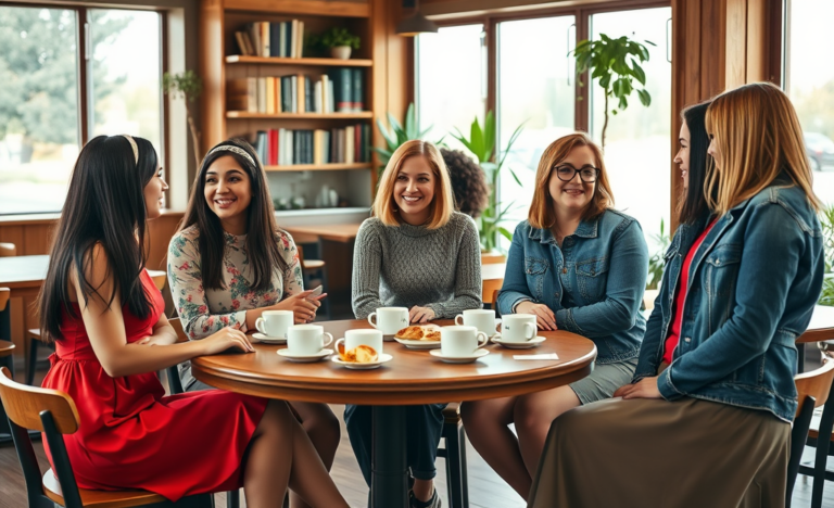 A group of diverse Russian single women engaged in conversation, representing openness to new friendships and connections.