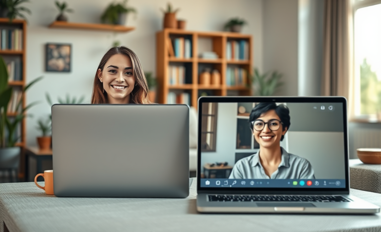 A cheerful woman smiling while using a laptop to chat online.